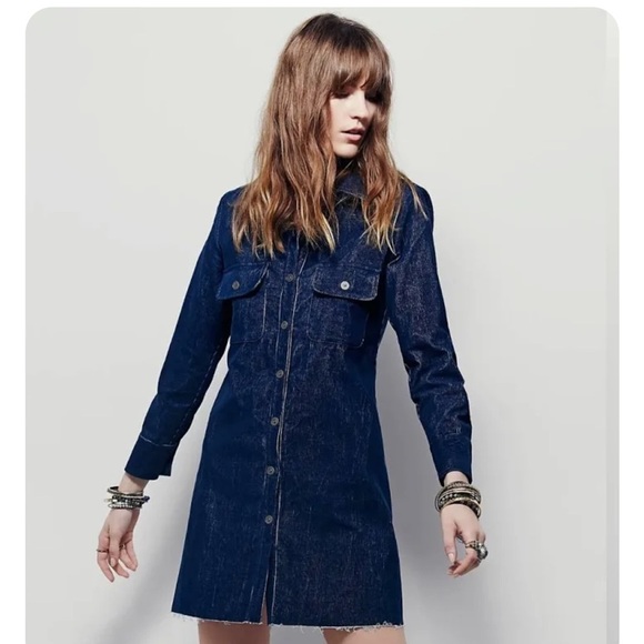 Free People Blue Corduroy Button-Down Shift Dress - Picture 1 of 10